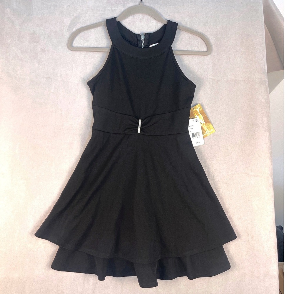 Emerald Sundae Girls Black Halter Tiered Party Dress Rhinestone Waist Size 10